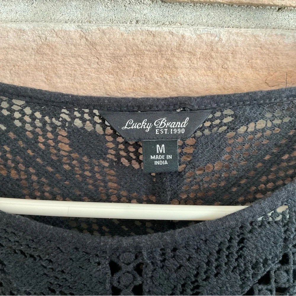 Lucky Brand Crochet Accent 3/4 Sleeve Boho Top Black Medium - Picture 5 of 7
